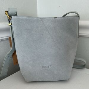 NWT Margot New York Kaye Bucket Suede Leather Tote Bag‎ Lined Adjustable Gray